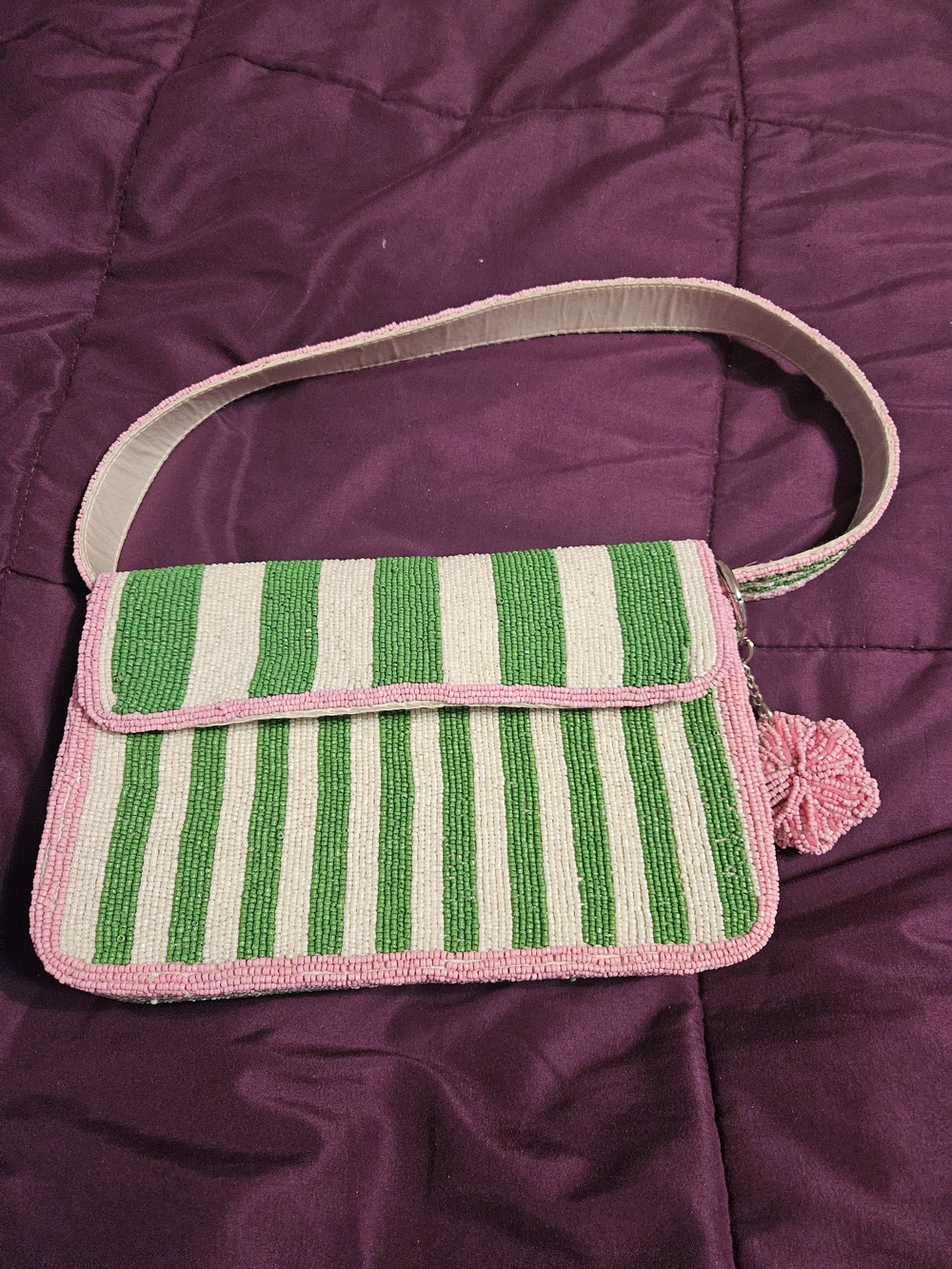 NWOT Striped Beaded Crossbody Bag in Green and Pink